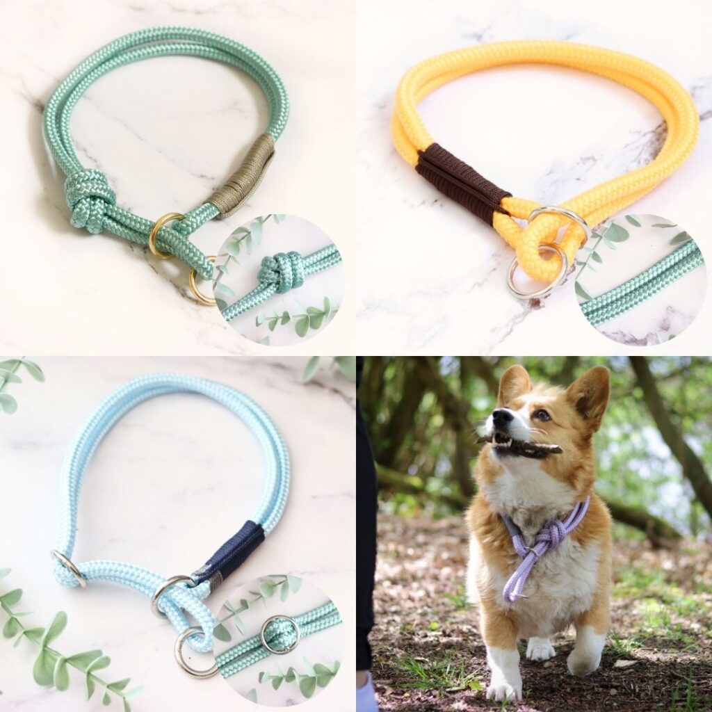 Close-up van de verstelbare stopknoop op de ronde sliphalsband voor honden, ontworpen om te voorkomen dat de halsband te strak aantrekt en voor extra veiligheid te zorgen.