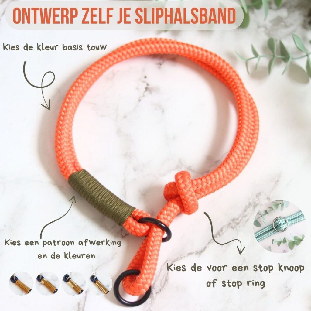 sliphalsband voor honden in verschillende kleurencombinaties, volledig naar wens samen te stellen met keuze uit diverse touwkleuren en hardware. zwart, blauw, paars, groen, geel, rood, oranje, bruin, beige